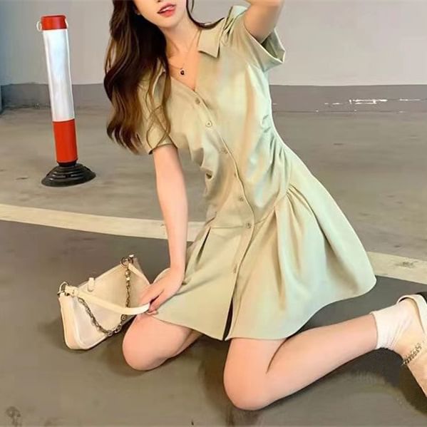 Plain Mini A-Line V-Neck Dress Short-Sleeve Button-Up