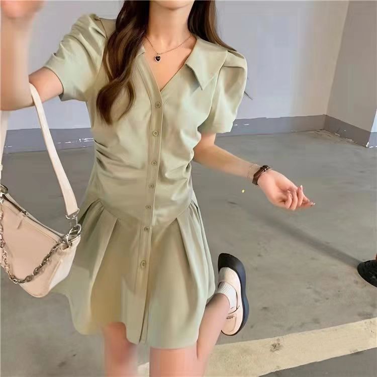 Plain Mini A-Line V-Neck Dress Short-Sleeve Button-Up