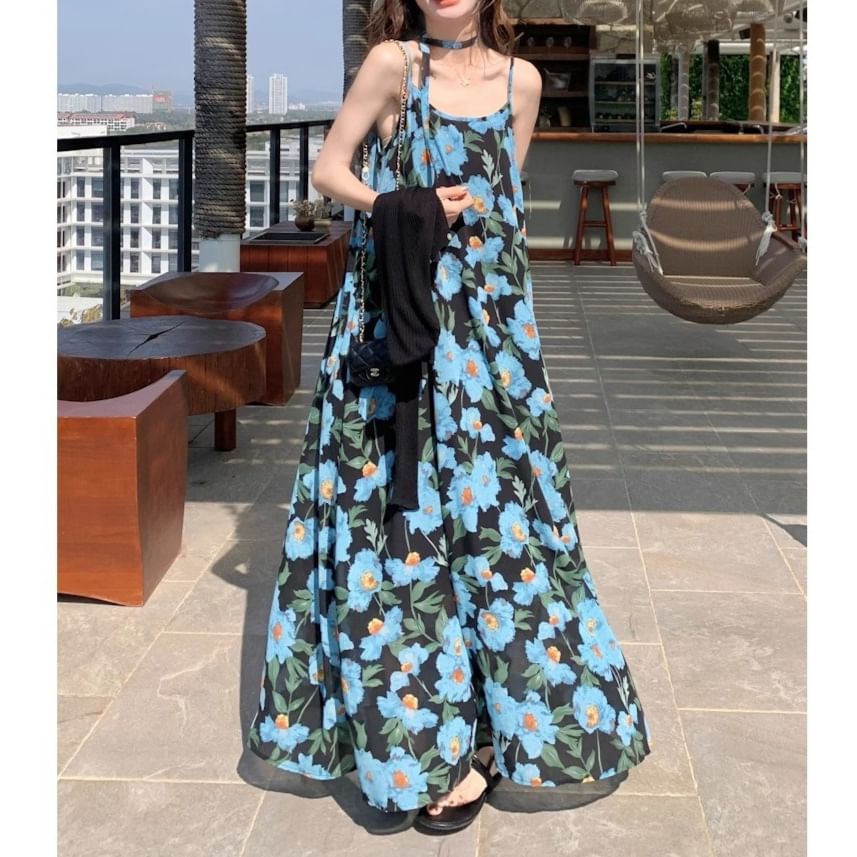 Floral Neck Maxi Dress Strap Spaghetti Scoop A-Line Print