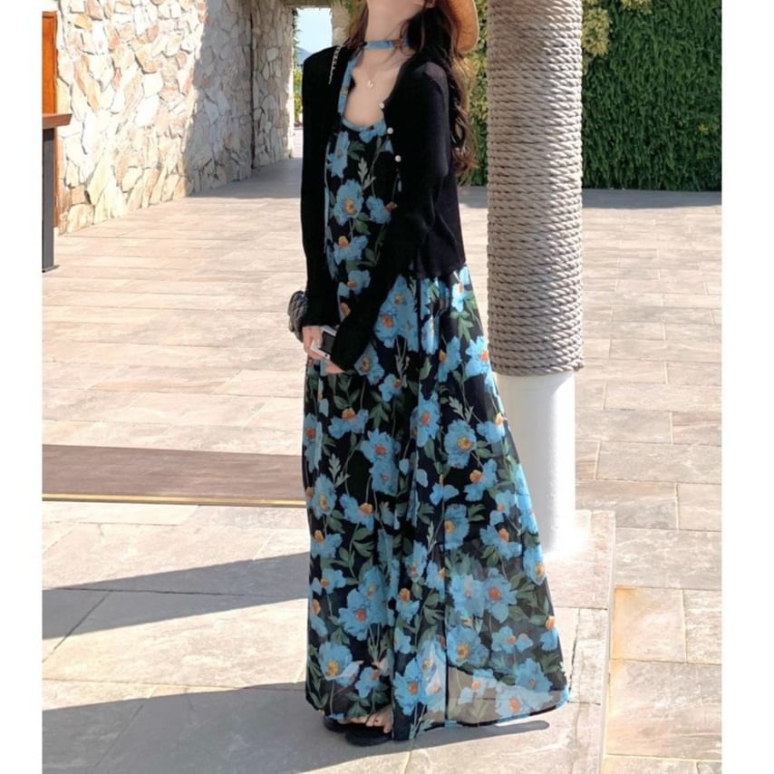 Floral Neck Maxi Dress Strap Spaghetti Scoop A-Line Print