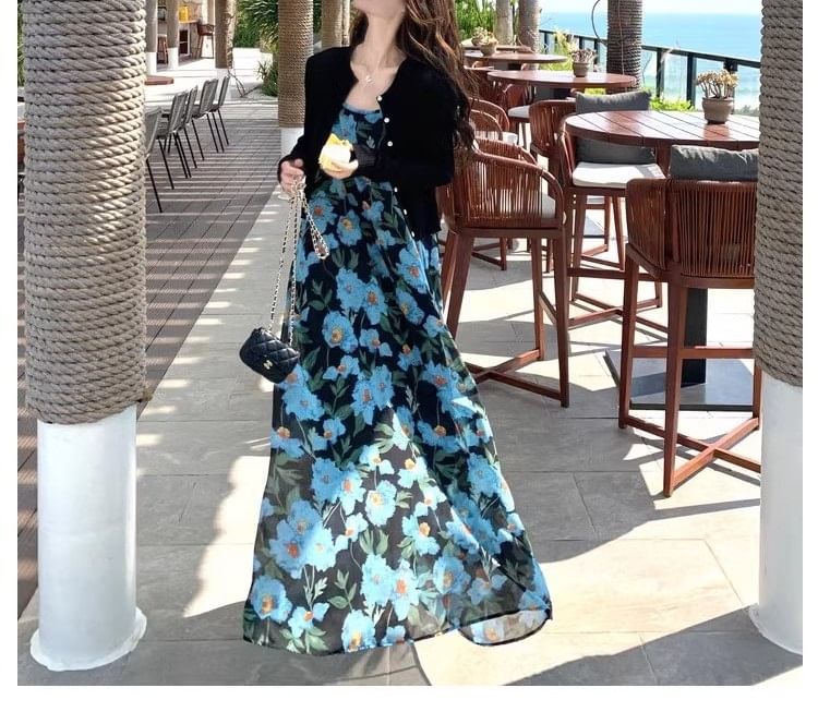 Floral Neck Maxi Dress Strap Spaghetti Scoop A-Line Print