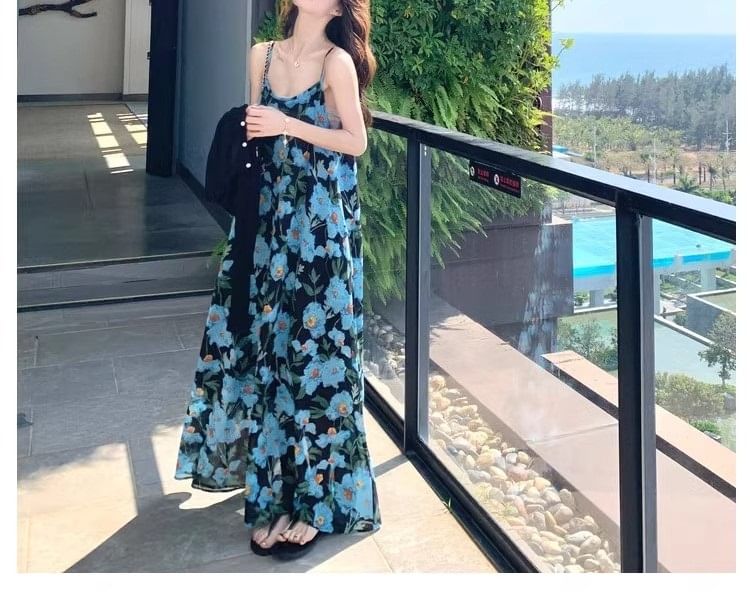 Floral Neck Maxi Dress Strap Spaghetti Scoop A-Line Print