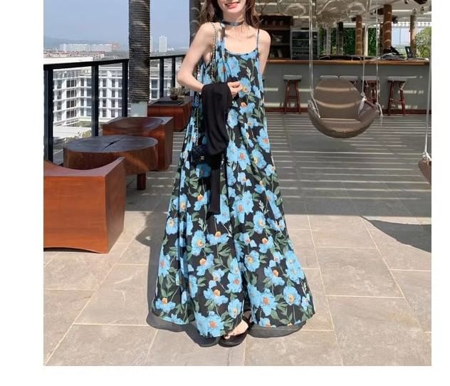 Floral Neck Maxi Dress Strap Spaghetti Scoop A-Line Print