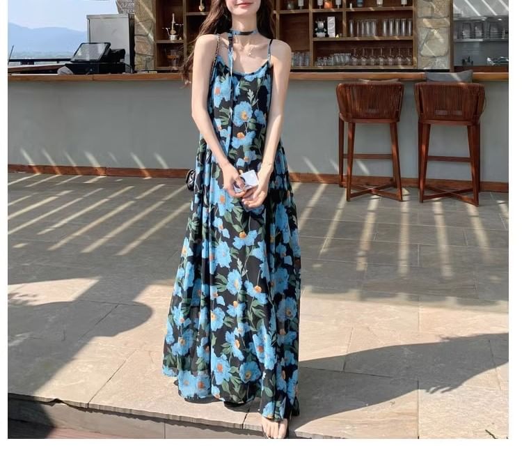 Floral Neck Maxi Dress Strap Spaghetti Scoop A-Line Print