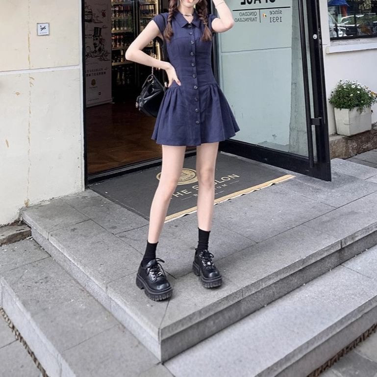 Plain Short-Sleeve Dress Mini Shirt A-Line