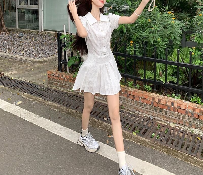 Dress Shirt Plain Short-Sleeve Pleated Mini