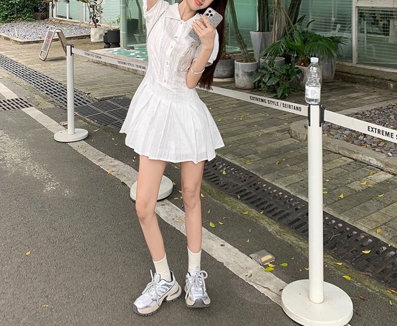 Dress Shirt Plain Short-Sleeve Pleated Mini