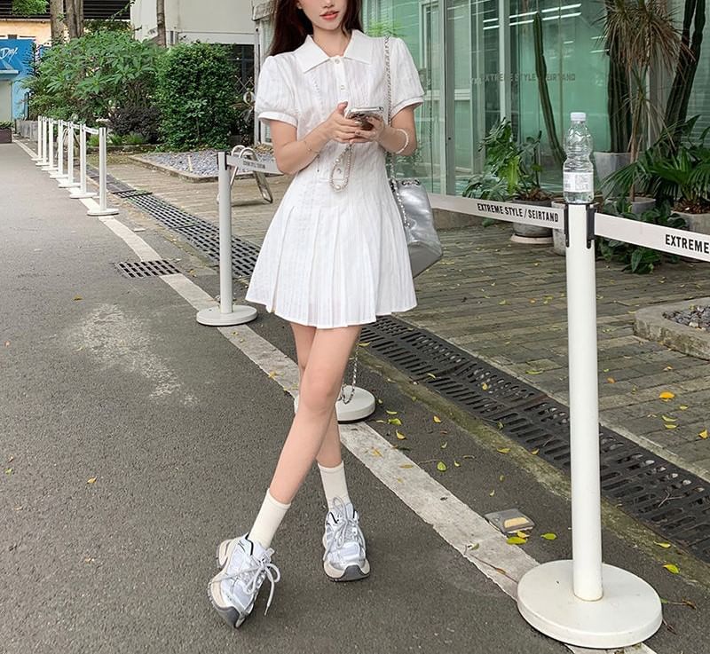 Dress Shirt Plain Short-Sleeve Pleated Mini