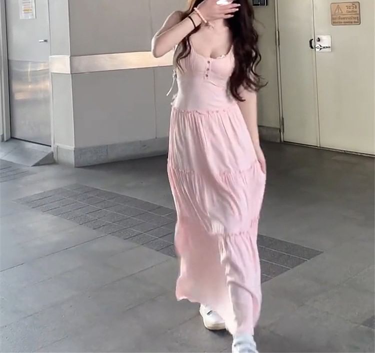 Maxi Neck Scoop Dress Strap A-Line Spaghetti Plain