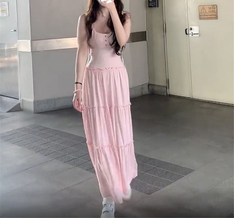 Maxi Neck Scoop Dress Strap A-Line Spaghetti Plain