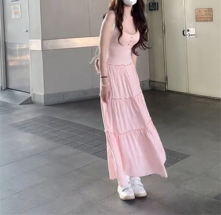 Maxi Neck Scoop Dress Strap A-Line Spaghetti Plain