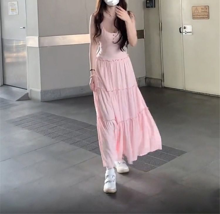 Maxi Neck Scoop Dress Strap A-Line Spaghetti Plain