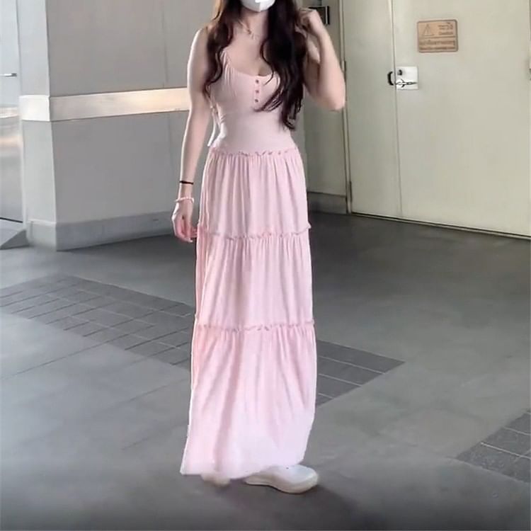 Maxi Neck Scoop Dress Strap A-Line Spaghetti Plain