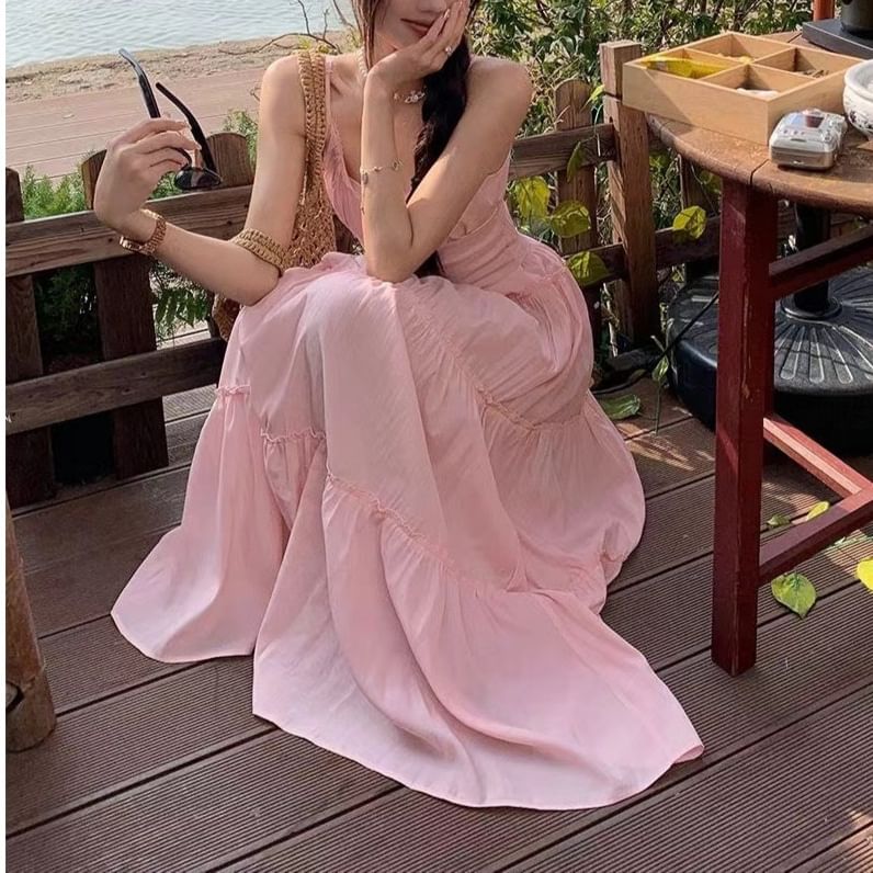 Maxi Neck Scoop Dress Strap A-Line Spaghetti Plain