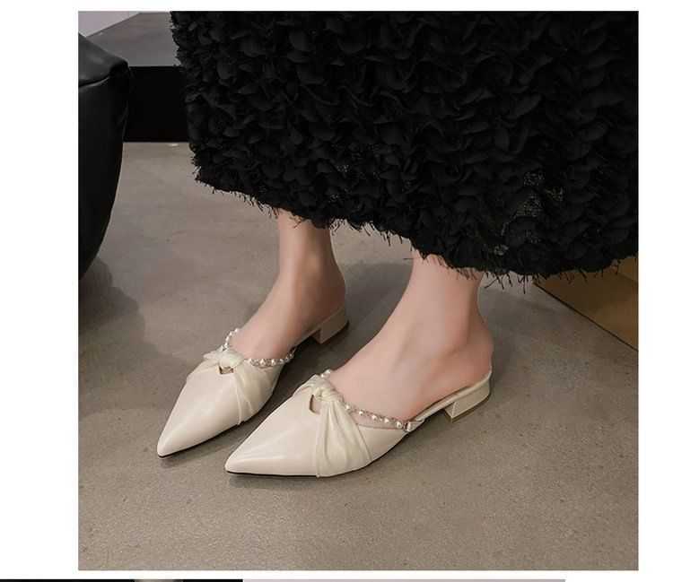 Faux Heel Mules Pearl Chunky Toe Pointed Knot