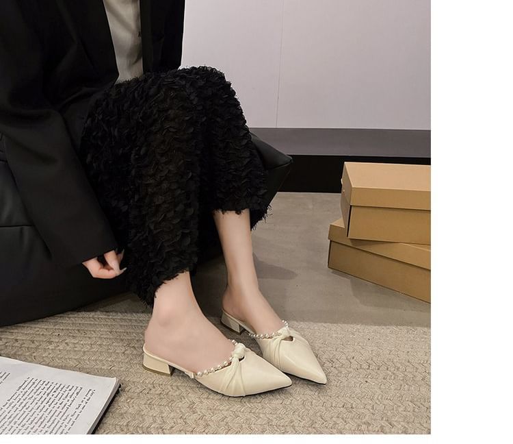 Faux Heel Mules Pearl Chunky Toe Pointed Knot