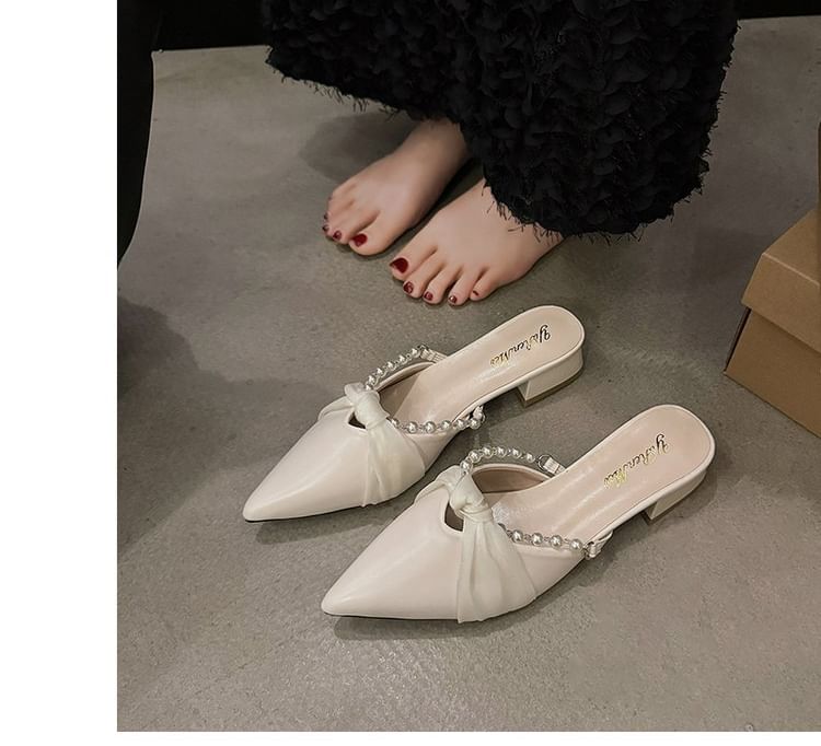 Faux Heel Mules Pearl Chunky Toe Pointed Knot