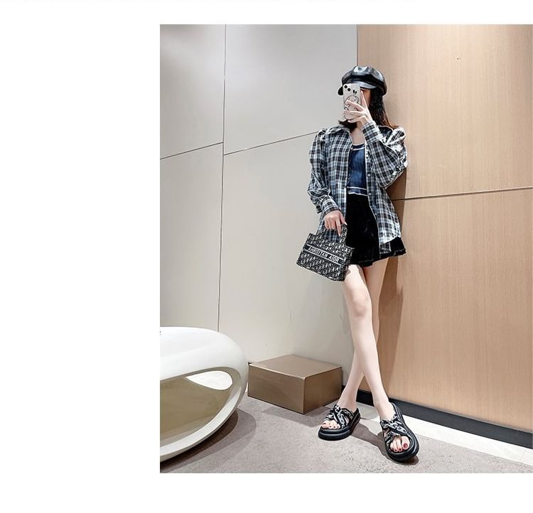 Criss Slide Print Platform Cross Knot Sandals