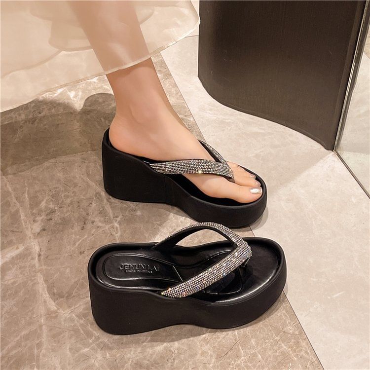 Wedge Platform Rhinestone Flip-Flops Heel