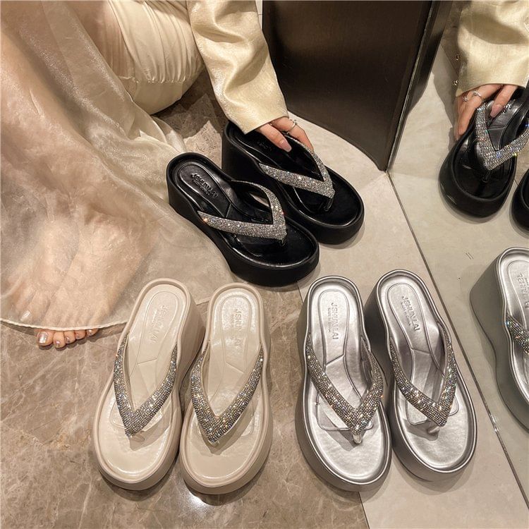 Wedge Platform Rhinestone Flip-Flops Heel