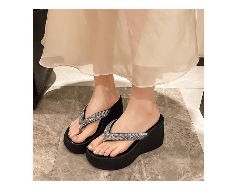 Wedge Platform Rhinestone Flip-Flops Heel