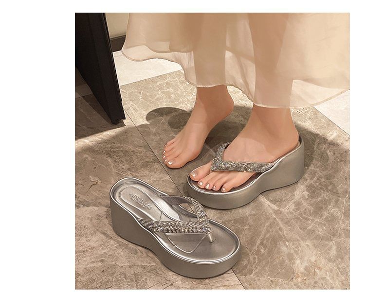 Wedge Platform Rhinestone Flip-Flops Heel