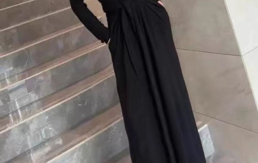 Long-Sleeve V-Neck Embellished Tie Waist Satin A-Line Evening Dress