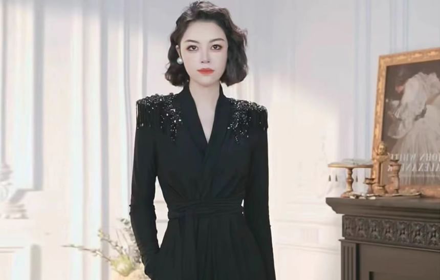 Long-Sleeve V-Neck Embellished Tie Waist Satin A-Line Evening Dress