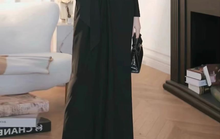 Long-Sleeve V-Neck Embellished Tie Waist Satin A-Line Evening Dress