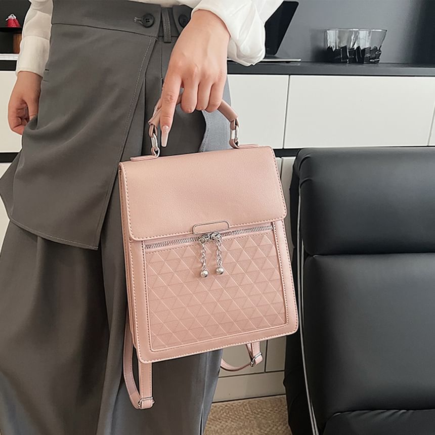 Leather Backpack Plain Flap Faux