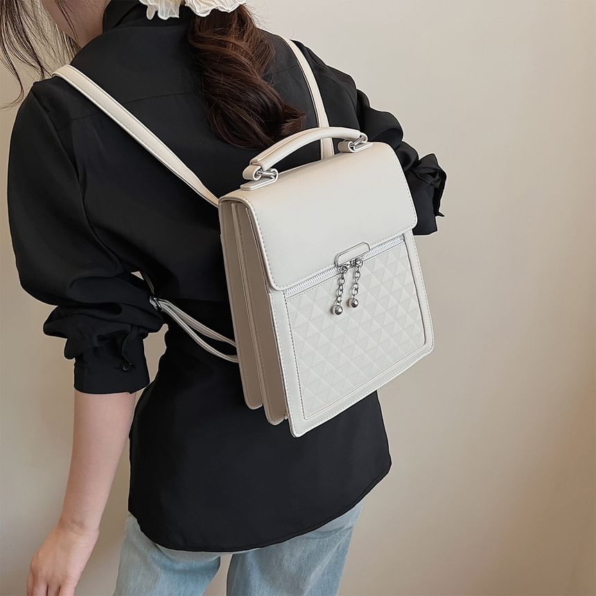 Leather Backpack Plain Flap Faux