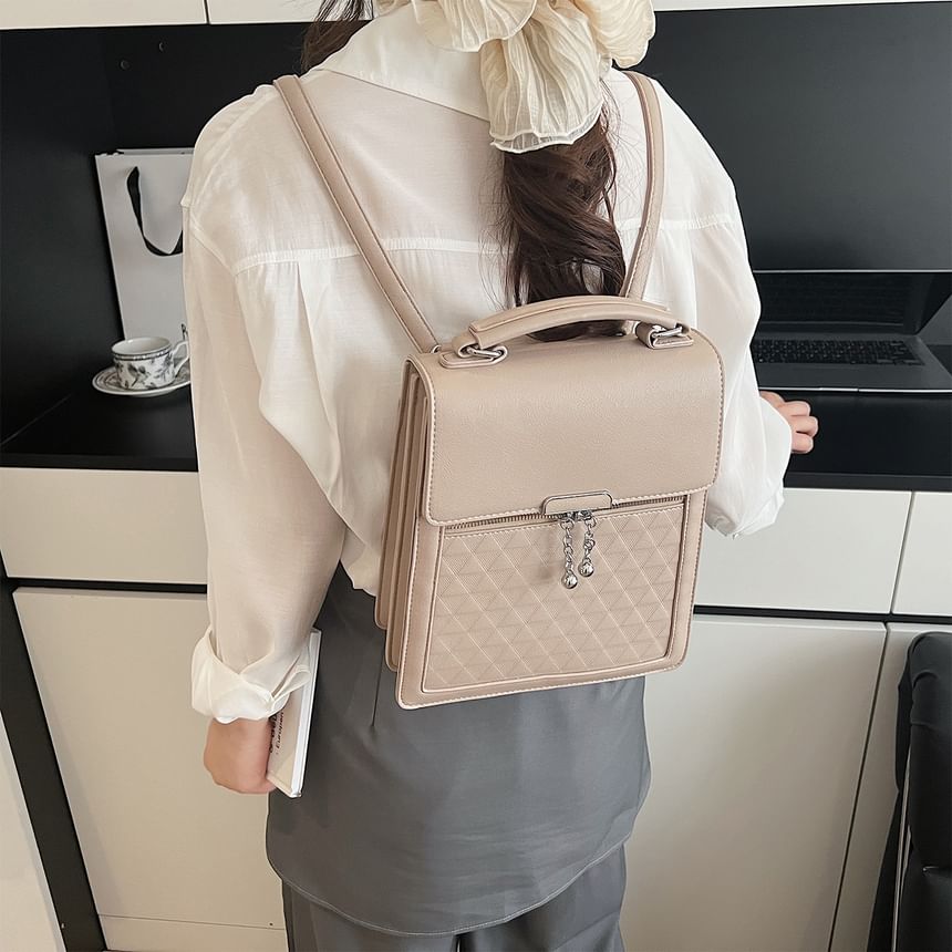 Leather Backpack Plain Flap Faux