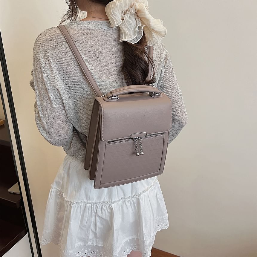Leather Backpack Plain Flap Faux