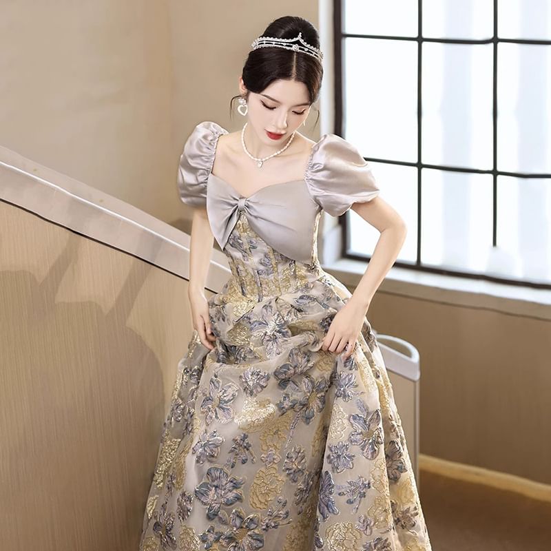 Panel Ball Short-Sleeve Floral Gown