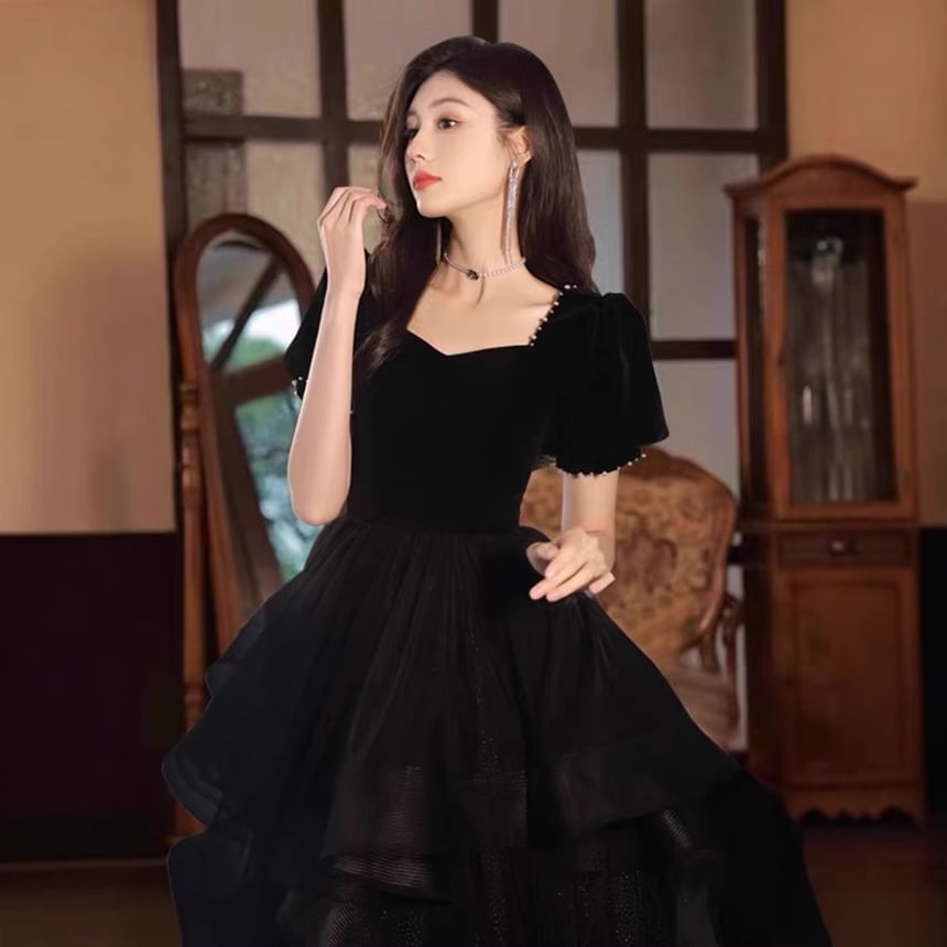 Plain Gown Tiered Mesh A-Line Short-Sleeve Panel Evening