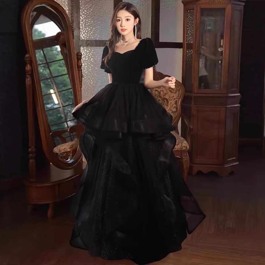 Plain Gown Tiered Mesh A-Line Short-Sleeve Panel Evening