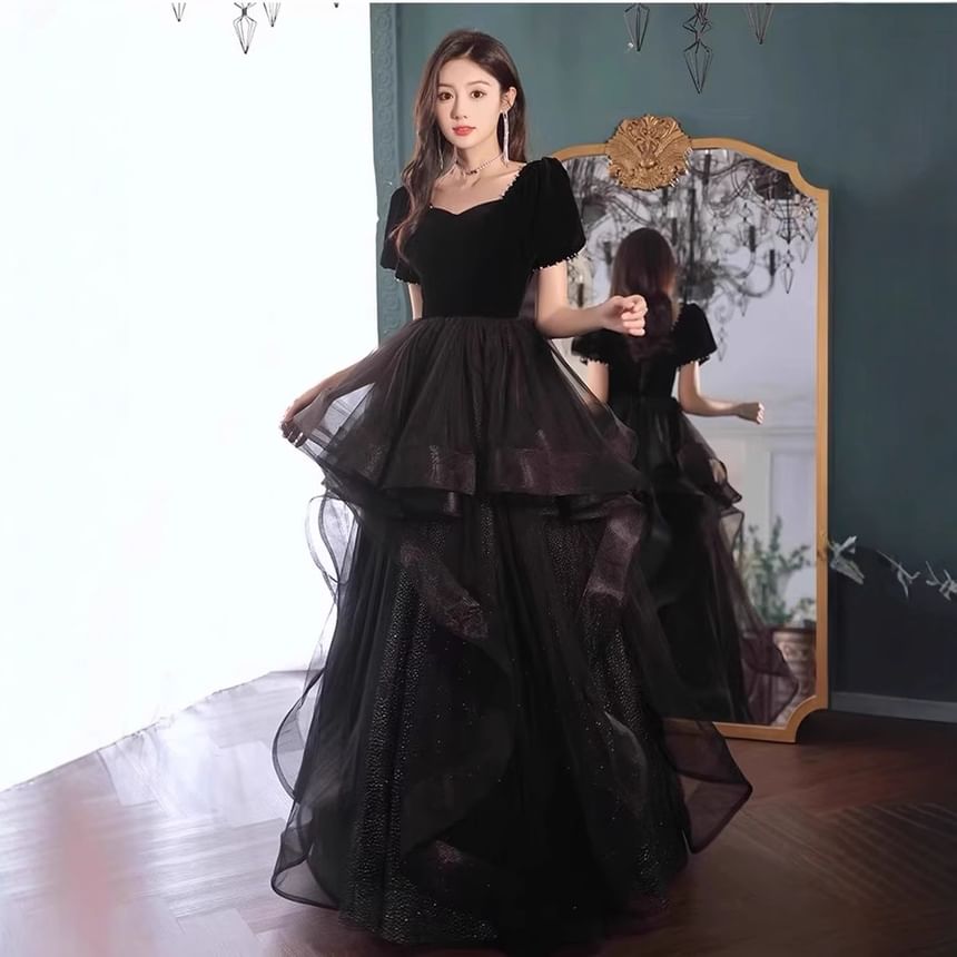 Plain Gown Tiered Mesh A-Line Short-Sleeve Panel Evening