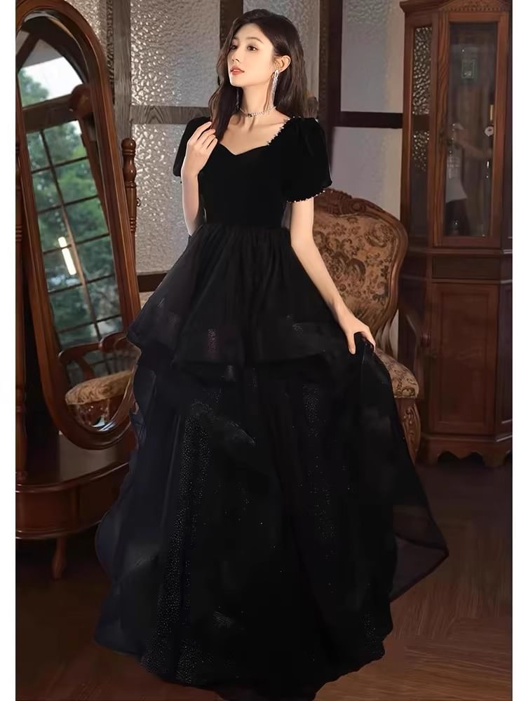 Plain Gown Tiered Mesh A-Line Short-Sleeve Panel Evening