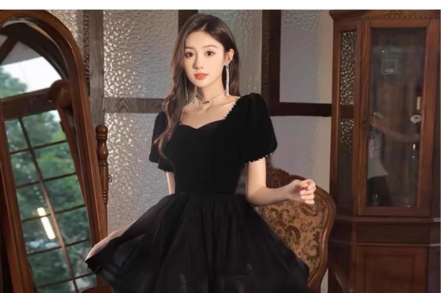 Plain Gown Tiered Mesh A-Line Short-Sleeve Panel Evening