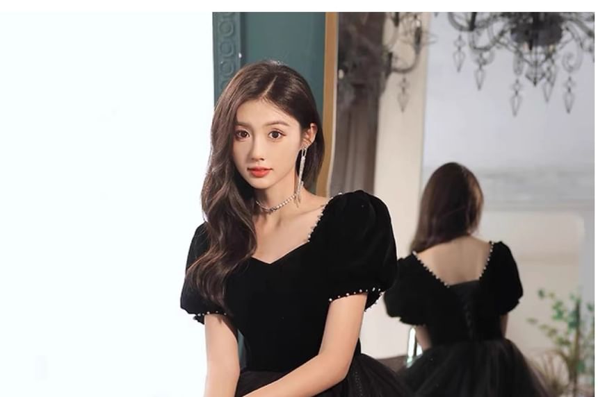 Plain Gown Tiered Mesh A-Line Short-Sleeve Panel Evening