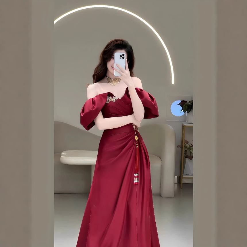 Tassel A-Line Ruched Evening Gown Puff-Sleeve Off-Shoulder