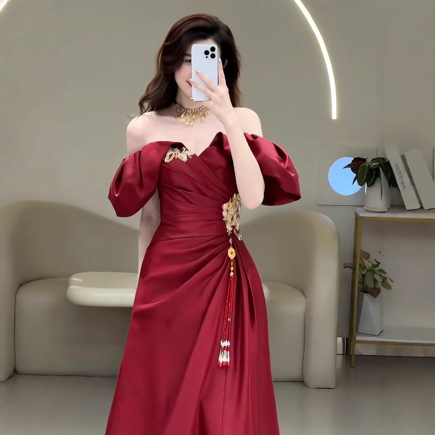 Tassel A-Line Ruched Evening Gown Puff-Sleeve Off-Shoulder