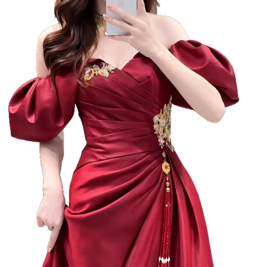 Tassel A-Line Ruched Evening Gown Puff-Sleeve Off-Shoulder