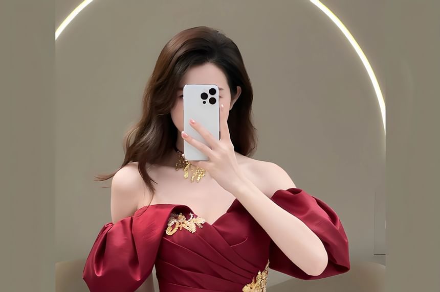 Tassel A-Line Ruched Evening Gown Puff-Sleeve Off-Shoulder