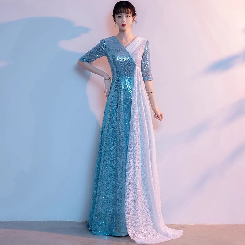 Two Evening V-Neck Gown Slit Sequin Elbow-Sleeve A-Line Tone