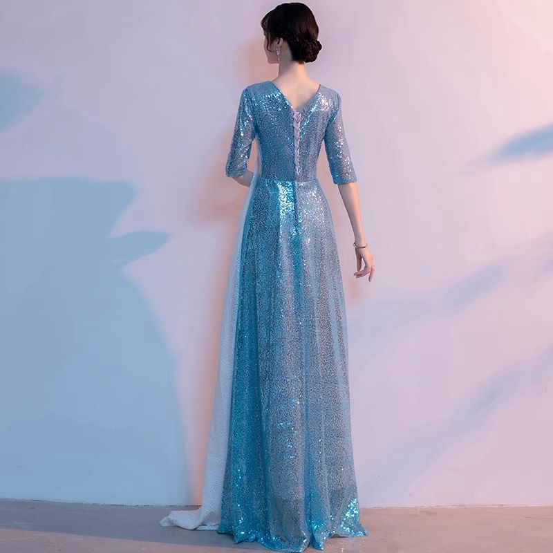 Two Evening V-Neck Gown Slit Sequin Elbow-Sleeve A-Line Tone