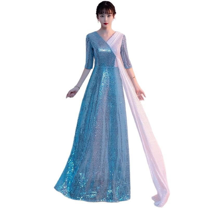 Two Evening V-Neck Gown Slit Sequin Elbow-Sleeve A-Line Tone