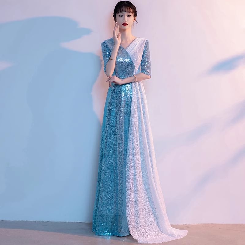 Two Evening V-Neck Gown Slit Sequin Elbow-Sleeve A-Line Tone