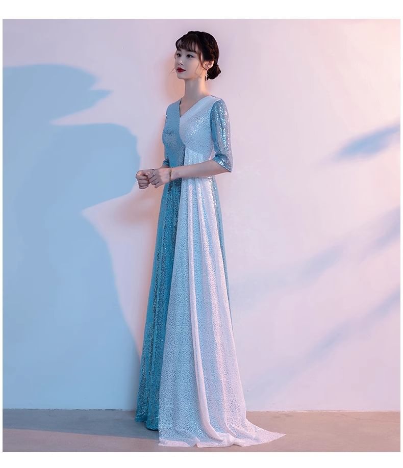 Two Evening V-Neck Gown Slit Sequin Elbow-Sleeve A-Line Tone