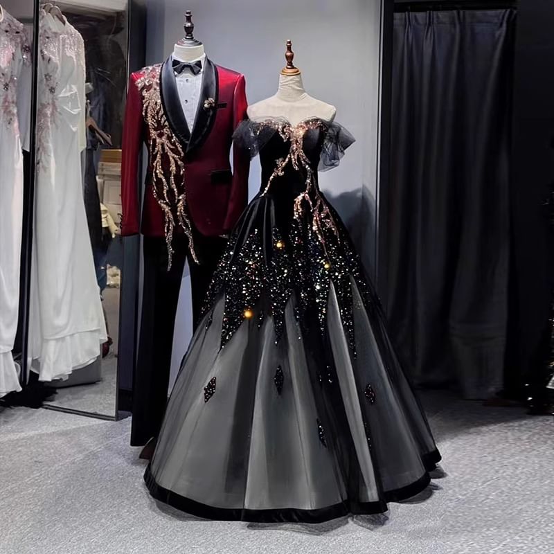 Panel Mesh Sequin Off-Shoulder Gown Evening A-Line